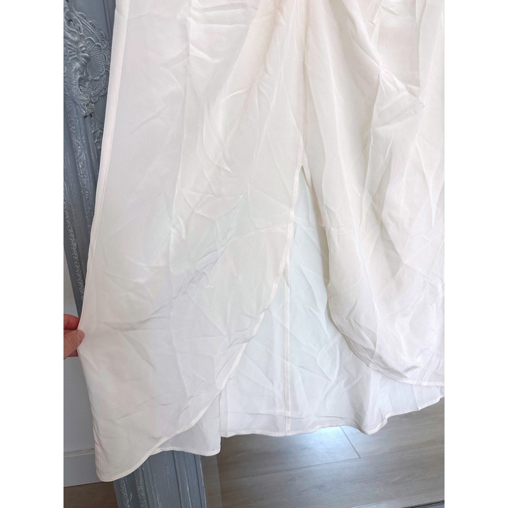 Amour Vert Silk Ruched V-Neck Midi Dress Cream Ivory Puff Sleeve Front Slit S - Picture 3 of 7